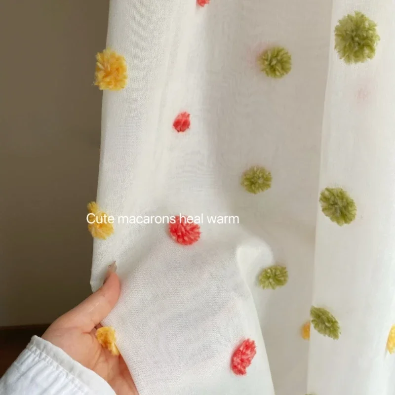 New Light-transmitting Cute Macaron Plush Ball Curtains for Living Dining Room Bedroom Modern Simple Gauze Curtain Custom Size