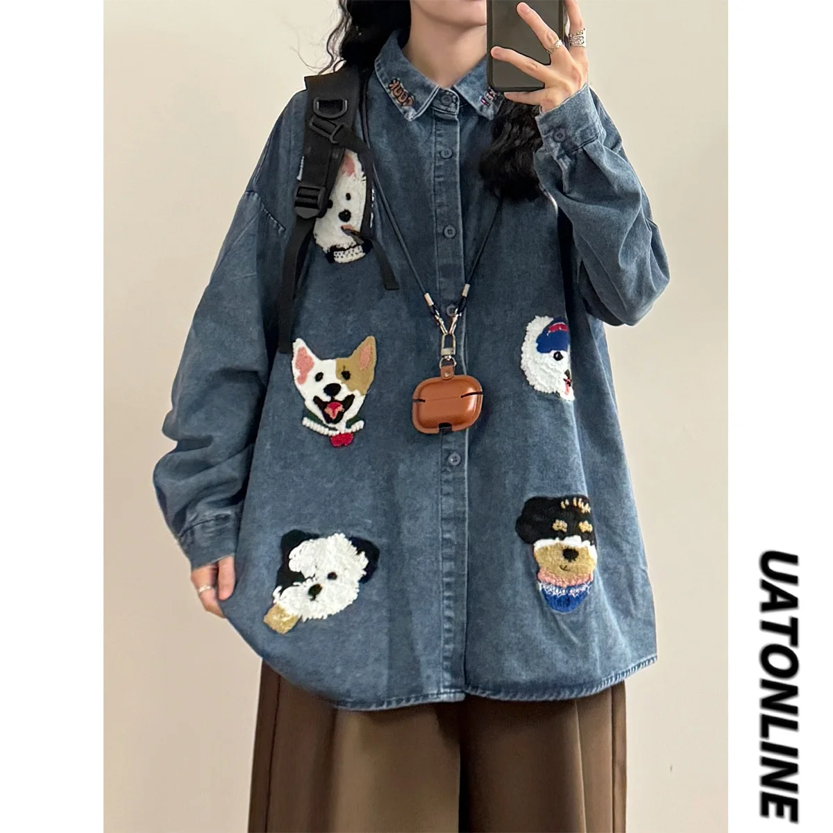 

UATONLINE2025 Весенне-осенняя женская модная свободная рубашка с длинным рукавом в американском ретро-стиле с вышивкой мультяшной собаки и эффектом махровой ткани, уличный стиль