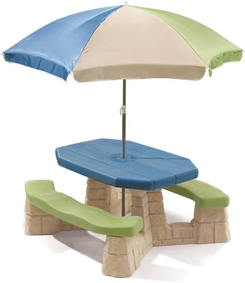 Kids Picnic Table with Umbrella Outdoor Toys with Seating for 6 Children Kids Patio Furniture Blue & Green W/ Faux Stone Detail