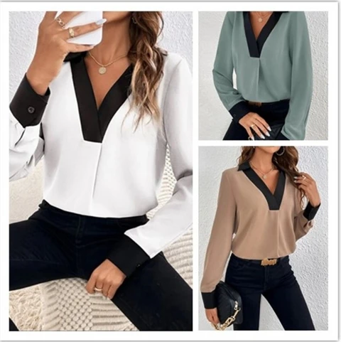 Women\'s Urban Commuting Blouses 2025 Autumn Winter Latest V-Neck Contrasting Casual Shirt Solid Color Long Sleeved Versatile Top