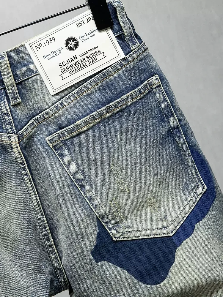 Newly Summer Designer Fashion Men Jeans Retro Blue Elastic Stretch Patched Vintage Ripped Short Jeans Hip Hop Denim Shorts Men