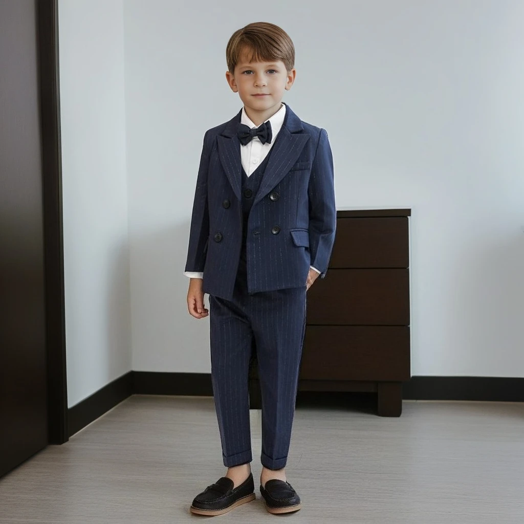 

Boys Striped Suit Set Elegant Double Breasted Birthday Party Formal Wear Flower Boy Wedding Outfit Kids Piano Performance Tuxedo