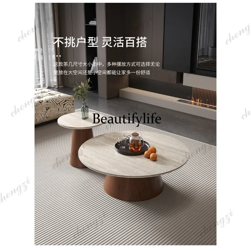 A73 Italian simple travertine rock slab round coffee table modern simple living room household light luxury round coffee table