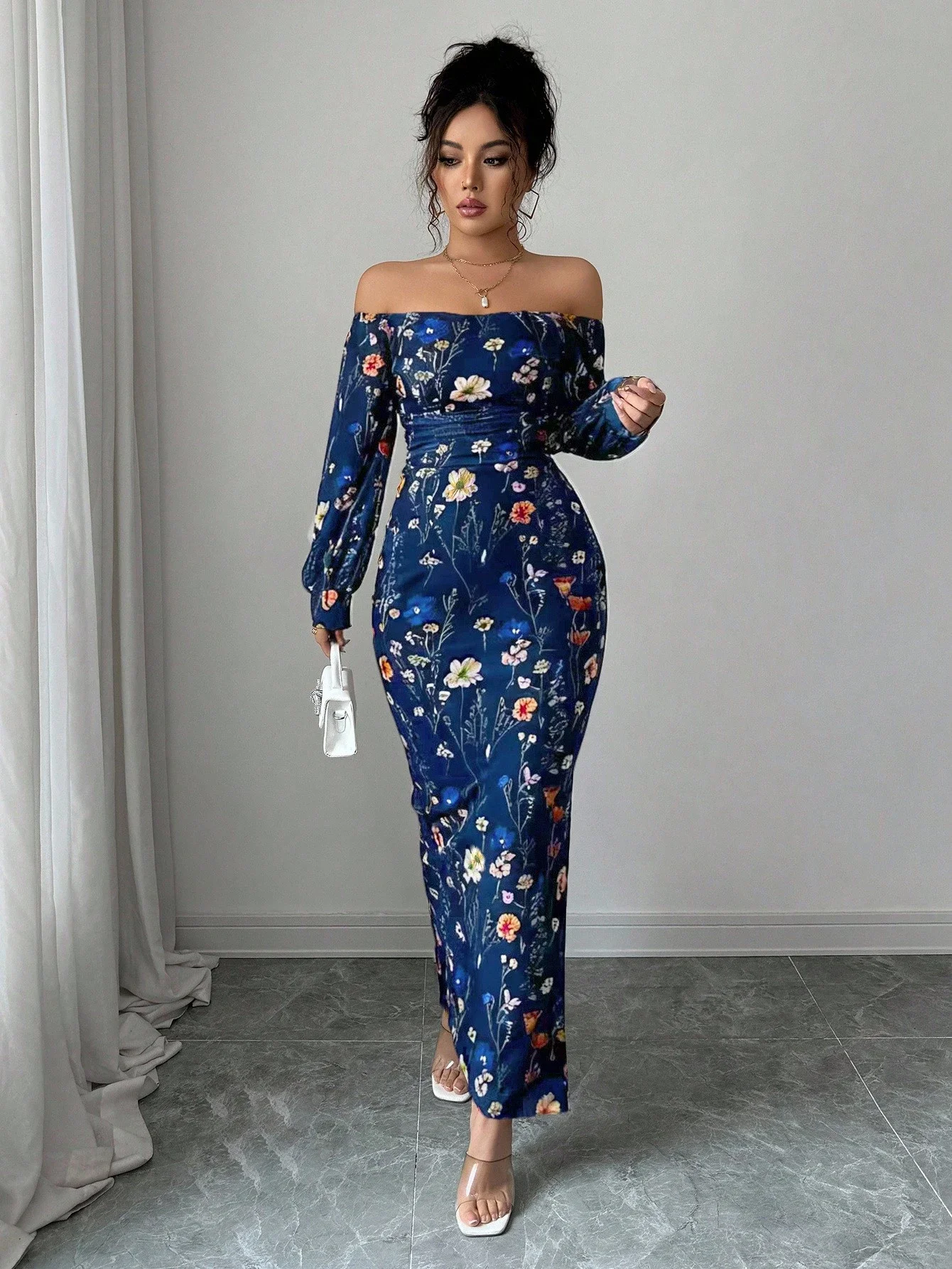 Women Off Shoulder Floral Print Ruched Bodycon High Slit Lantern Sleeve Dress