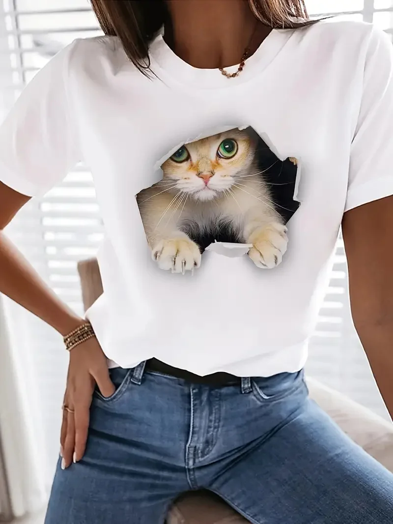 Cute Cat Print Crew Neck T-Shirt, Casual Short Sleeve T-Shirt For Spring & Summer, Women's Clothing