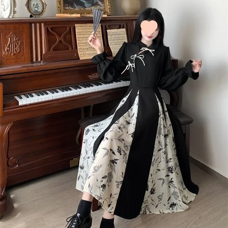 جديد النمط الصيني المرأة فستان تشيباو طويل التخسيس الخصر تصميم الركبة طول كم كامل الوقوف طوق الإمبراطورية الخصر فستان