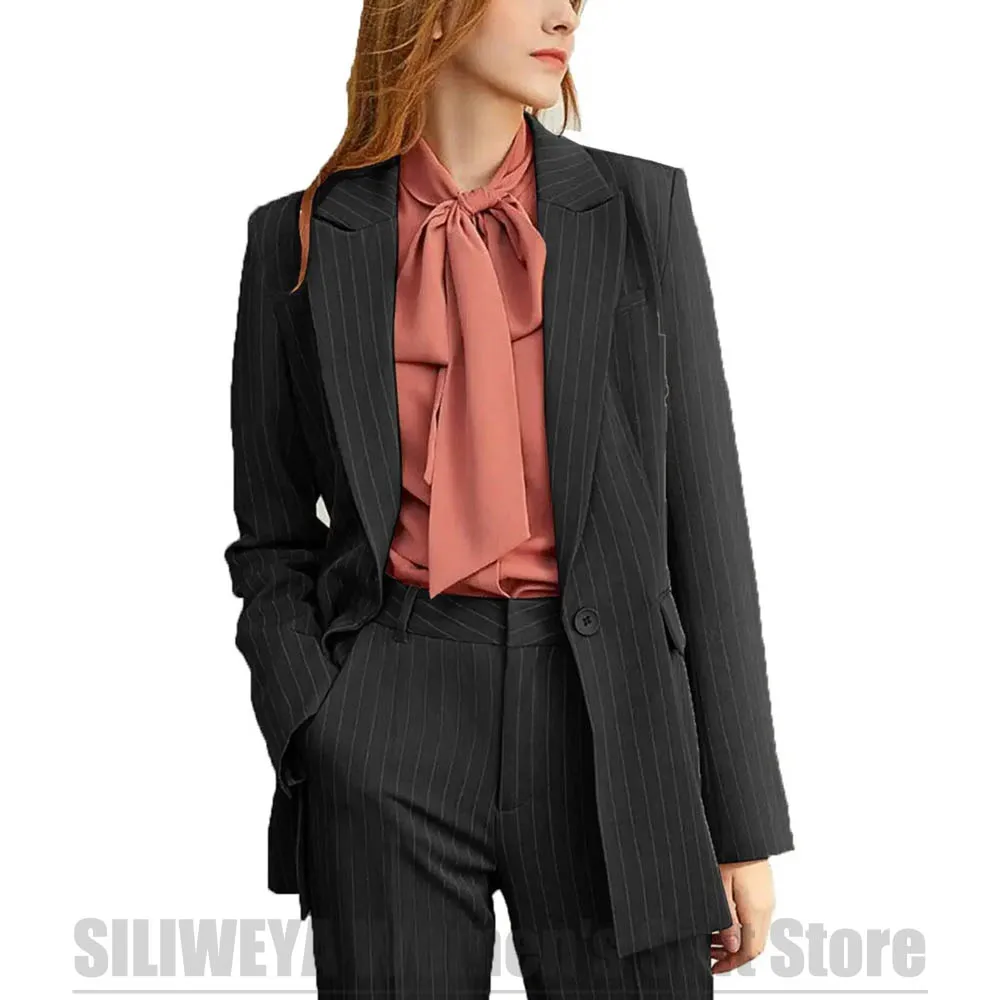 Fashion Striped Women Suit 2 Piece Set Elegant Slim Fit Formal Office Work Outfit One Button Smart Casual Suits (Blazer+Pants)