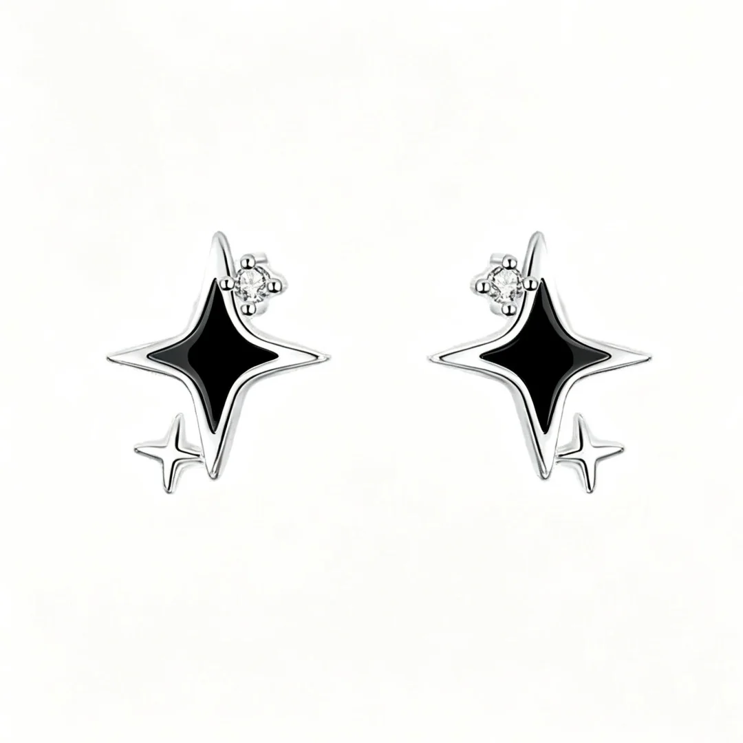 Women Four‑Pointed Star Stud Earrings, Synthetic Zircon Inlaid Star Earrings, 925 Sterling Silver, Hypoallergenic Jewelry Gift