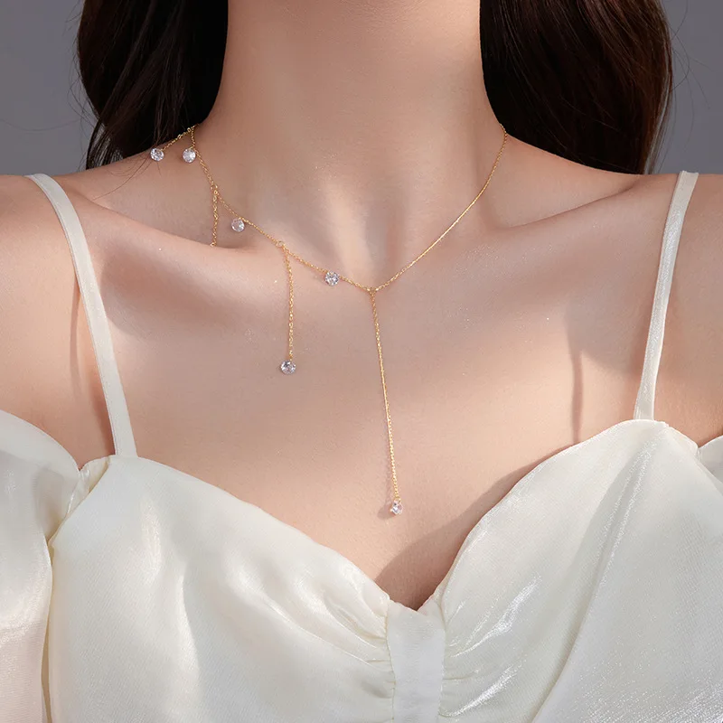 925 Sterling Silver Light Luxury High Quality Asymmetric Tassel Zircon Necklaces For Women Fine Jewelry Valentine’s Day Gifts