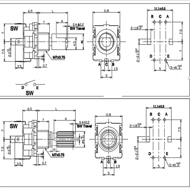 2/5/10 Teile/los 20 Position 360 Grad Drehgeber EC11 Push Button 5Pin Griff Lange 15/20MM mit EINEM Integriertem Druckschalter – Detail 2