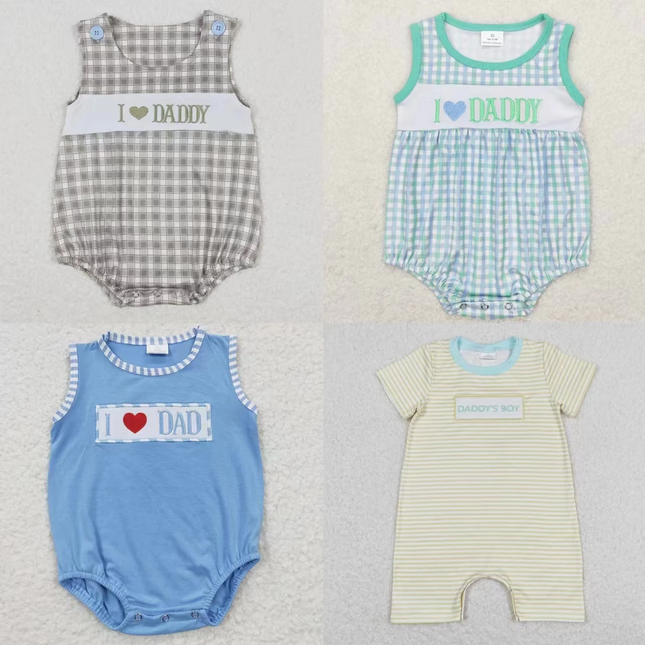 Wholesale Kids Baby Boy Embroidery Plaid Romper Toddler One-piece Sleeveless I Love Daddy Newborn Coverall Bodysuit Jumpsuit