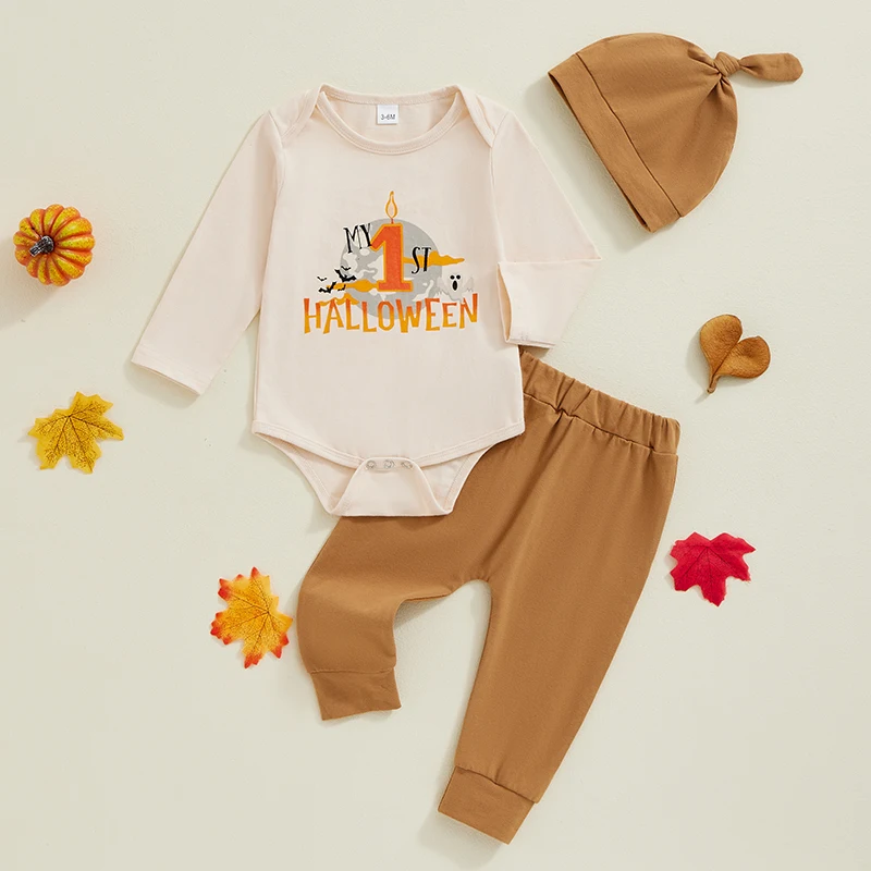 Baby Boy Girl Halloween Outfit Letter Print Pagliaccetto a maniche lunghe Pantaloni in vita elastica Cappello Set da 3 pezzi per l'autunno