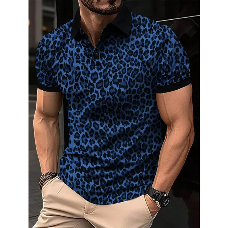 New Men\'s Breathable Short Sleeve Shirt Lapel Single Breasted Leopard Print T-shirt Thin Casual Top