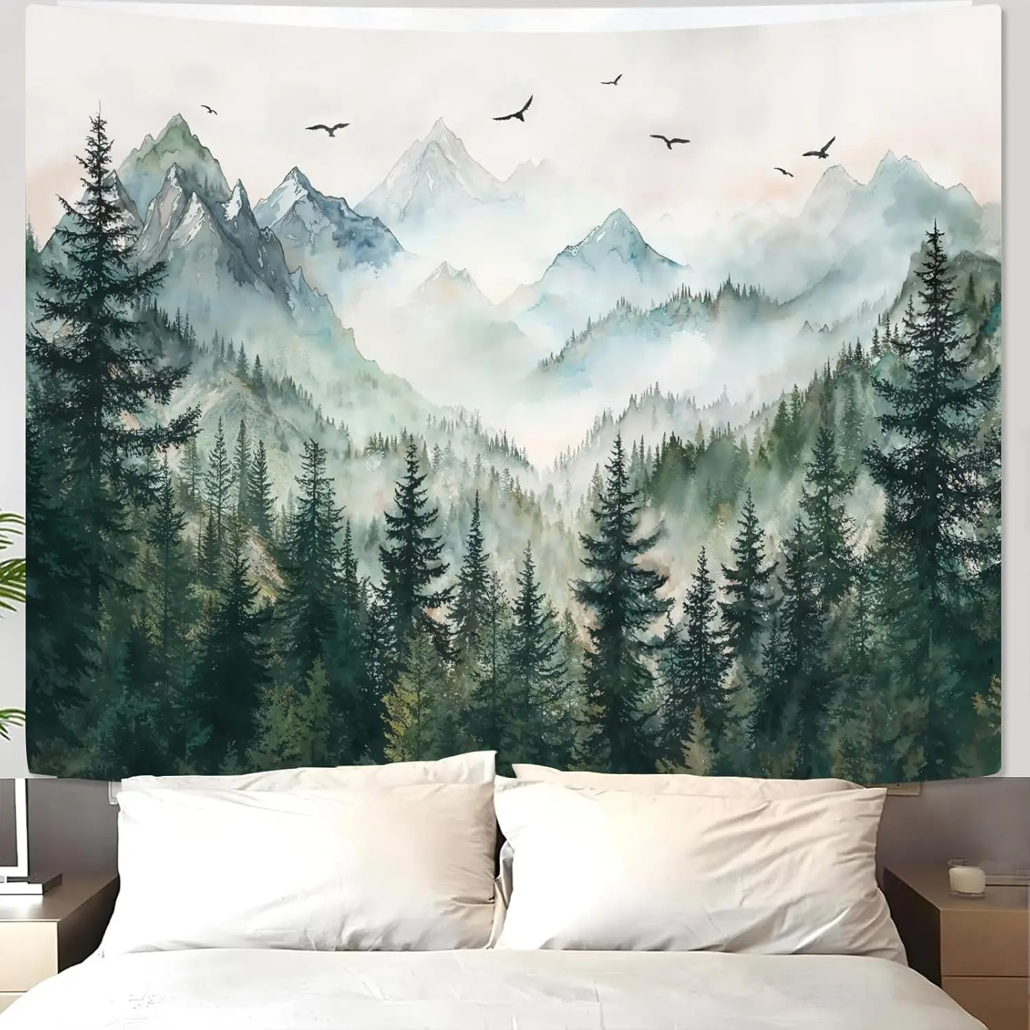 Misty Forest Mountain Tapestry Sage Green Nature Pine Tree Tapestry Bedroom Aesthetic Watercolor Foggy Woodlands Birds Landscape
