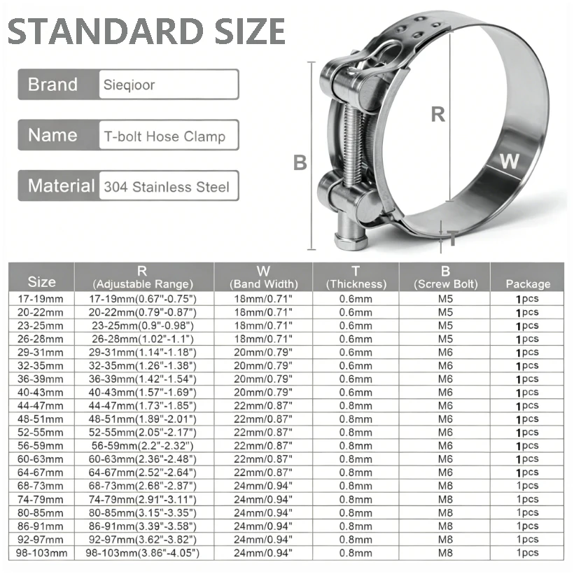 1piece Heavy Duty Bolt Hose Clamps 304 Stainless Steel Strong Adjustable Hex Bolt Wide Band Pipe Clamp for Automotive Plumbing