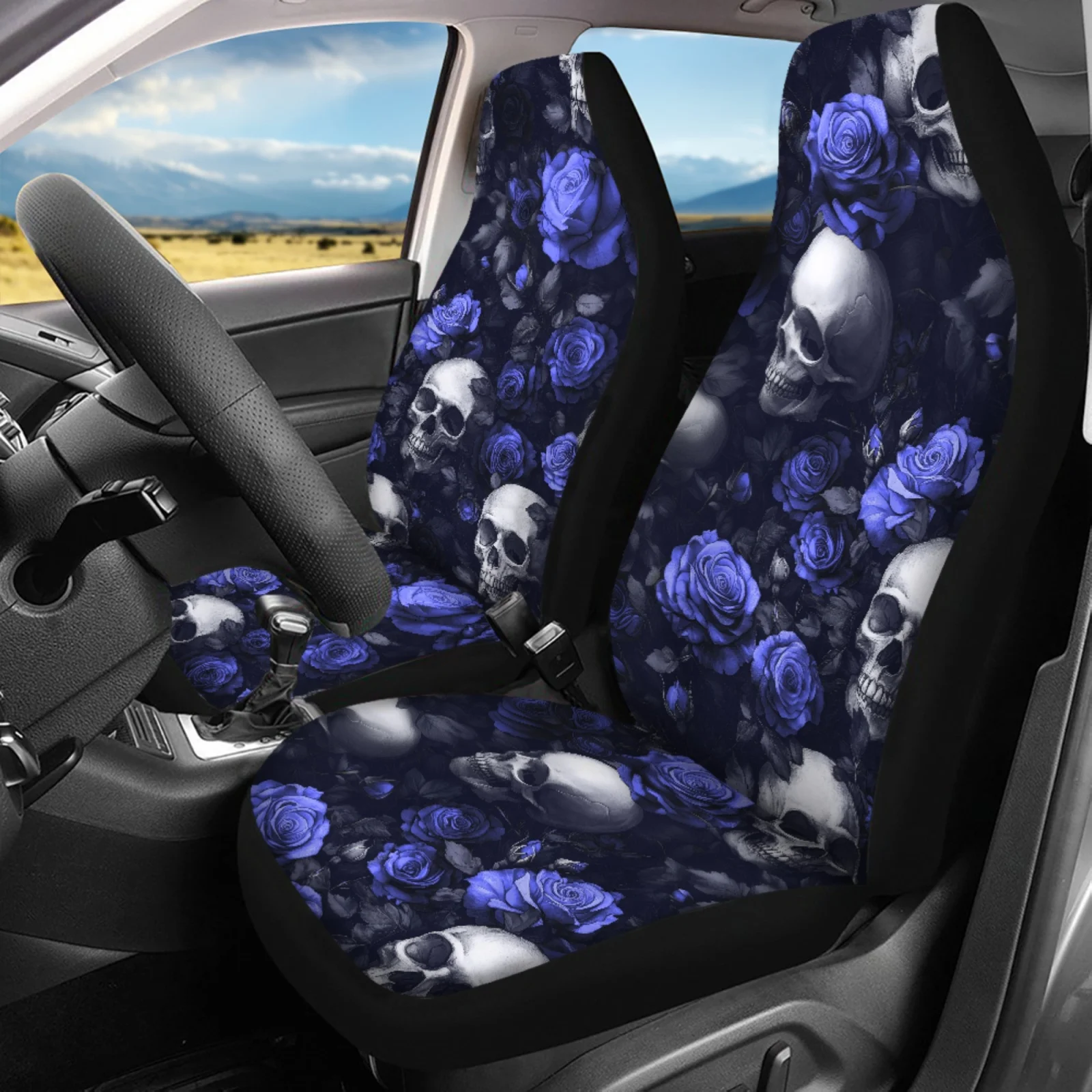 Coloranimal Blue Rose Skull 14 Pieces Automobile Seat Cover Sets with Soft Auto Cup Coaster and Key Pendant for Car Interior