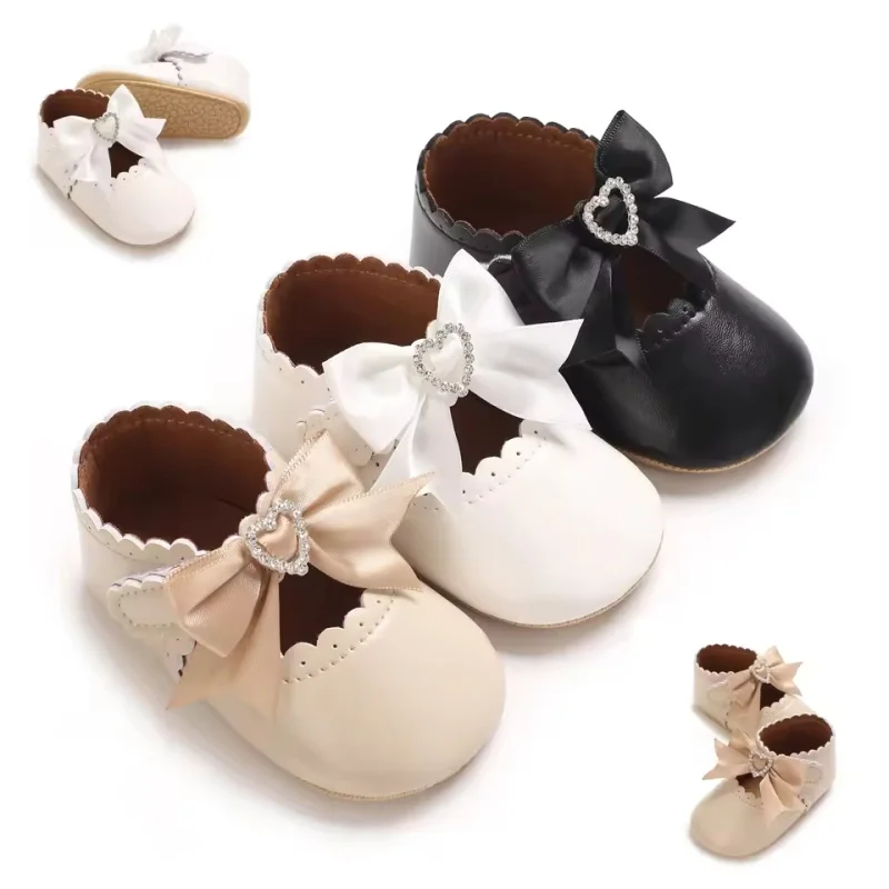 Infant Dress Shoes 0-18M, Sweet Bow & Rhinestone Decor, Soft Sole Casual Shoes for Pre-Walkers