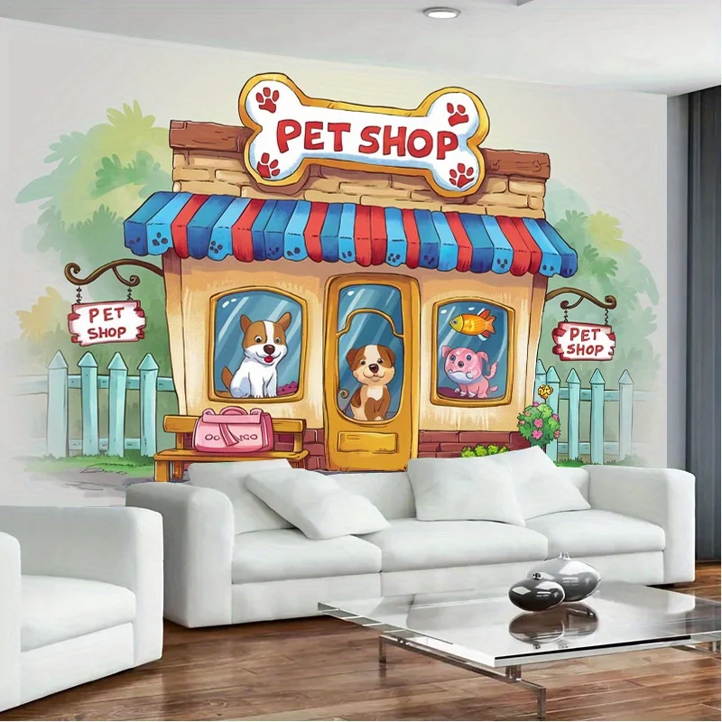 قطعة واحدة من لافتة حفلات متجر الحيوانات الأليفة المسطحة - خلفية بوليستر نابضة بالحياة، مع رسوم توضيحية لطيفة للكلاب والقطط، لا تتطلب إمدادًا للطاقة
