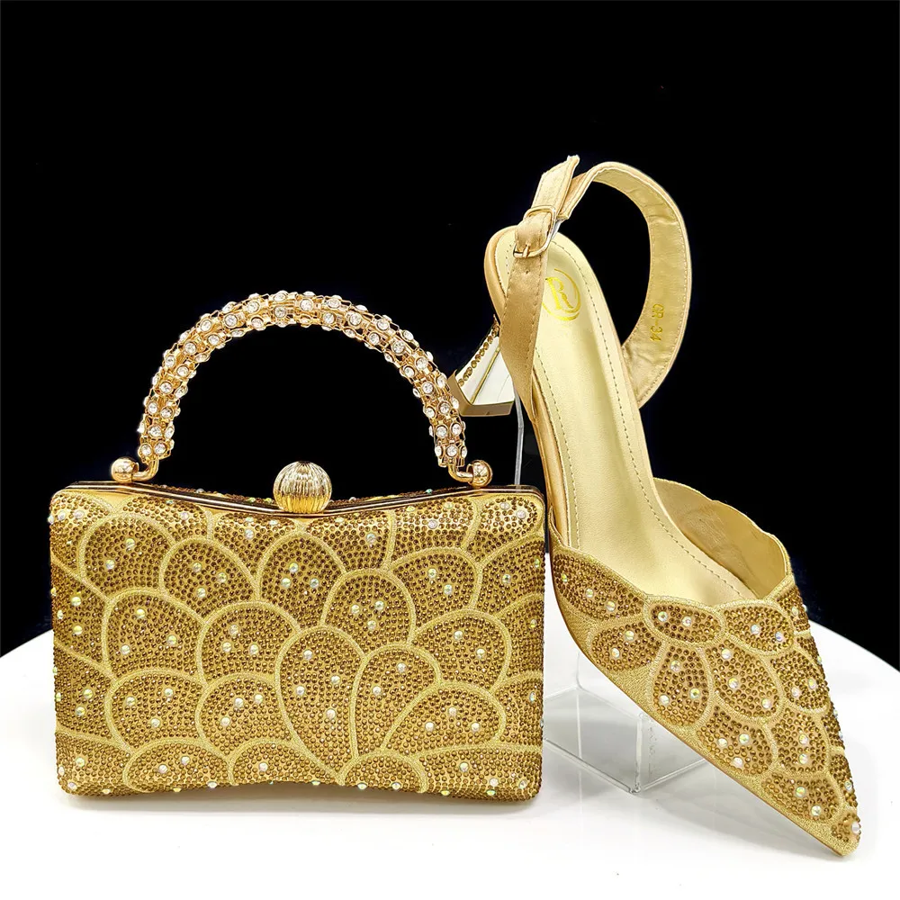 Happy Time Exquisite African Women's Shoes And Bag Rhinestone Embellished Pointed Toe Cutout Heels Square Clutch Bag