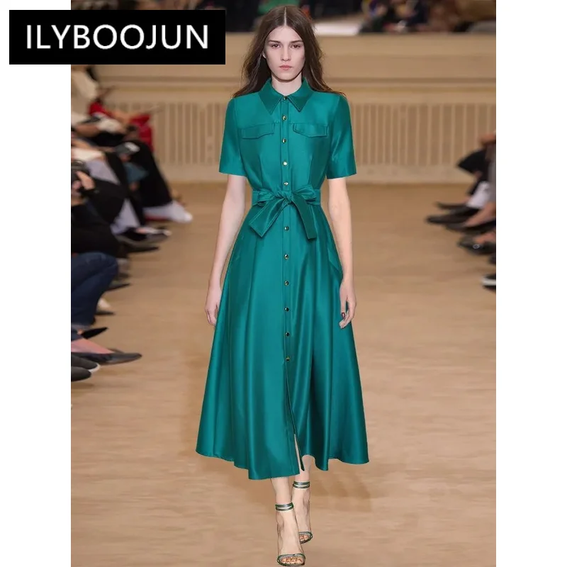 

Summer Catwalk New Women's High Quality Fashion Party Button Lace Up Casual Office Green Chic Celebrity Sweet Pretty Midi Dress