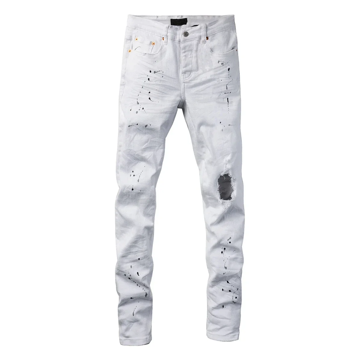 High Street Fashion Men's Low Rise Skinny Jeans White Paint Distressed Repaired Top Quality Denim Brand Pants