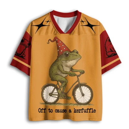 Off To Cause A Kerfuffle Wizard Frog Riding Bicycle Print Men V Neck Mesh Jersey Funny Short Sleeve Top