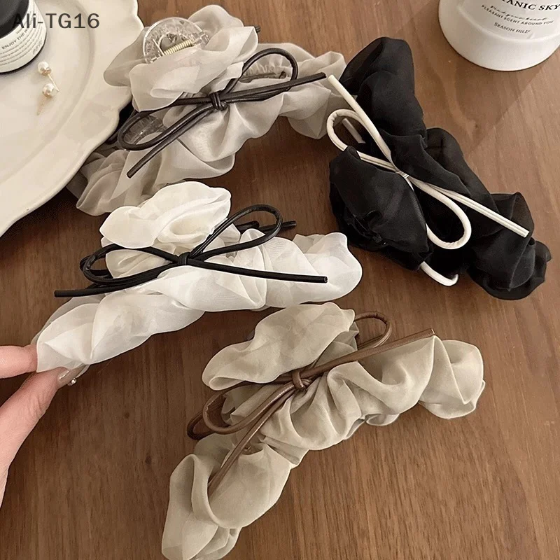 Mode Geplooide Boog Haarklauw Clips Voor Vrouwen Meisjes Zoet Groot Haar Versieren Hoofdband Franse Party Shark Clip Haaraccessoires