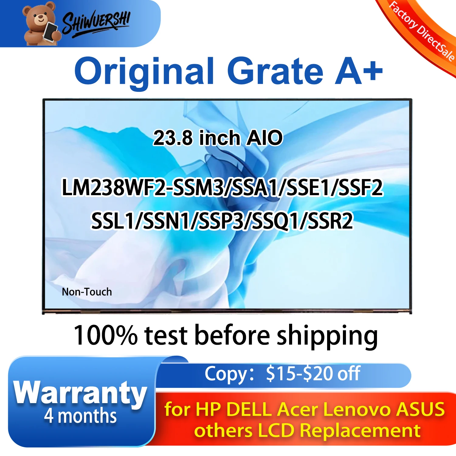 

23.8" Original A+ Aio Lcd Display Screen LM238WF2 SSM3 SSA1 SSE1 SSF2 SSL1 SSN1 SSP3 SSQ1 SSR2 Monitor