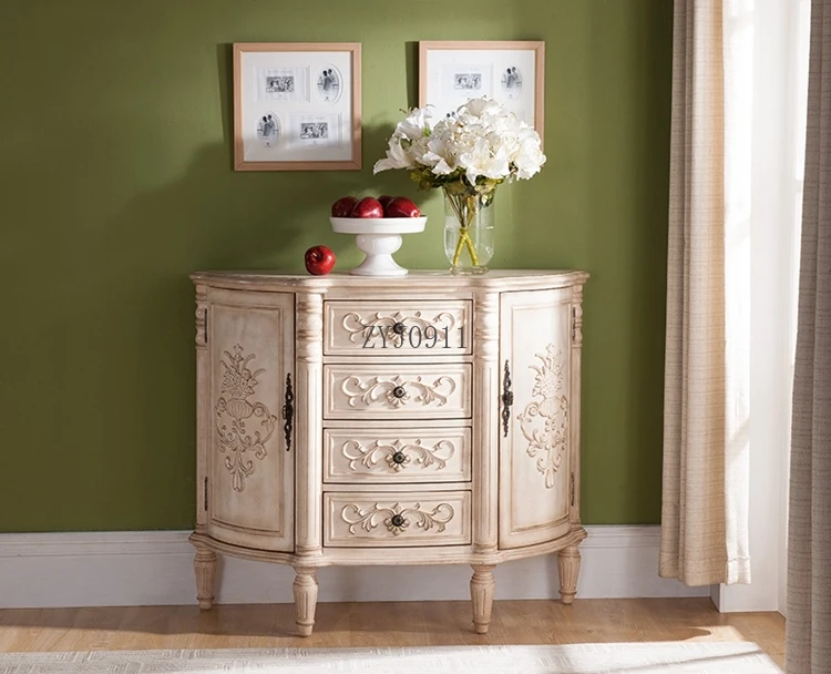 Lemari pintu masuk bergaya Eropa yang elegan, kayu solid, solusi penyimpanan sudut antik