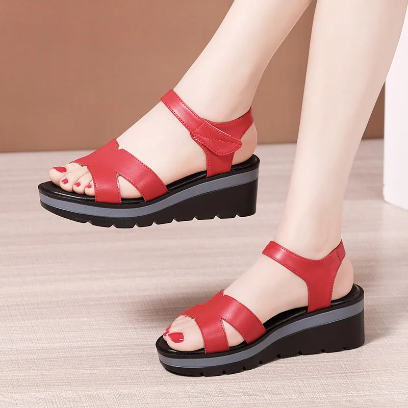 High quality summer wedge leather sandals for women 6cm high heel 2024 size 33 34 43 platform open toe elegant shoe black white