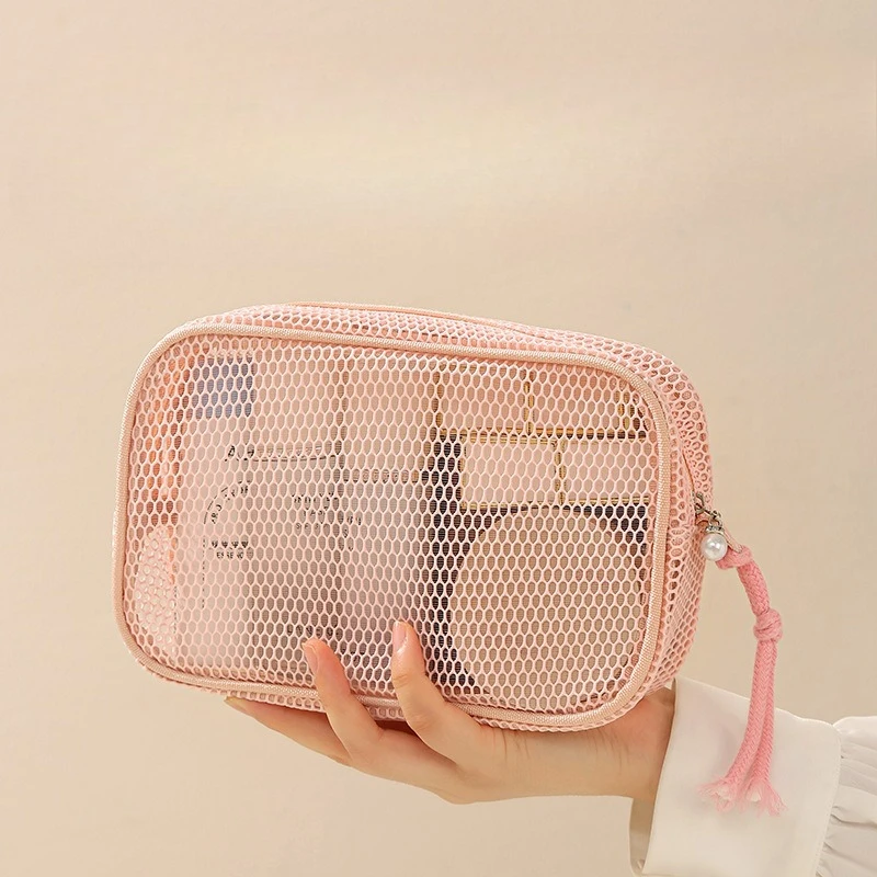 Casual Nylon Cosmetic Bag Hand-held with Zipper Mesh Makeup Bags Multipurpose Mesh Toiletry Wash Bags Women for Travel