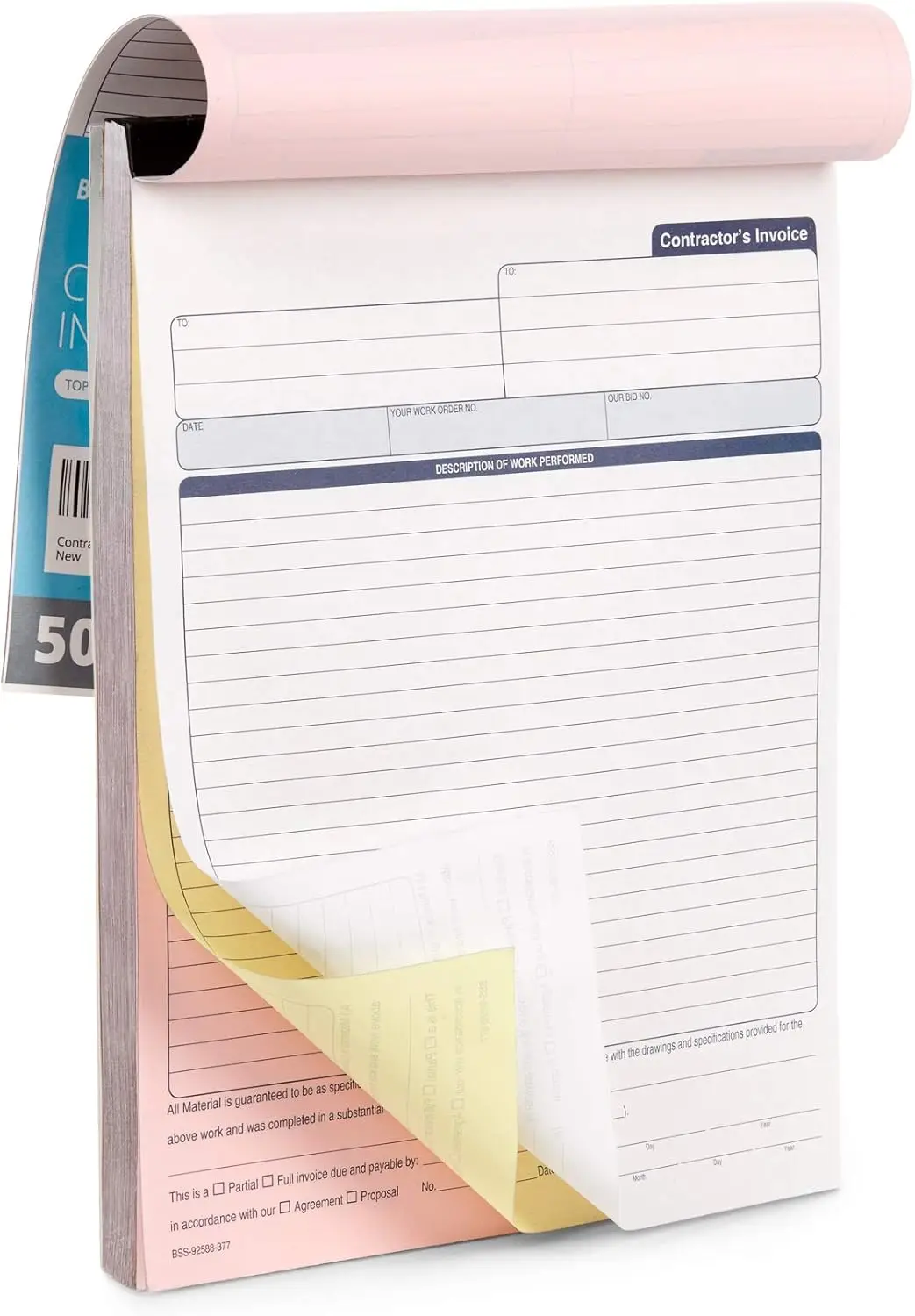 

Contractor Invoice Receipt Book with 50 Carbonless 3-Part Forms for Work Orders, Estimates, and Construction Projects, Letter
