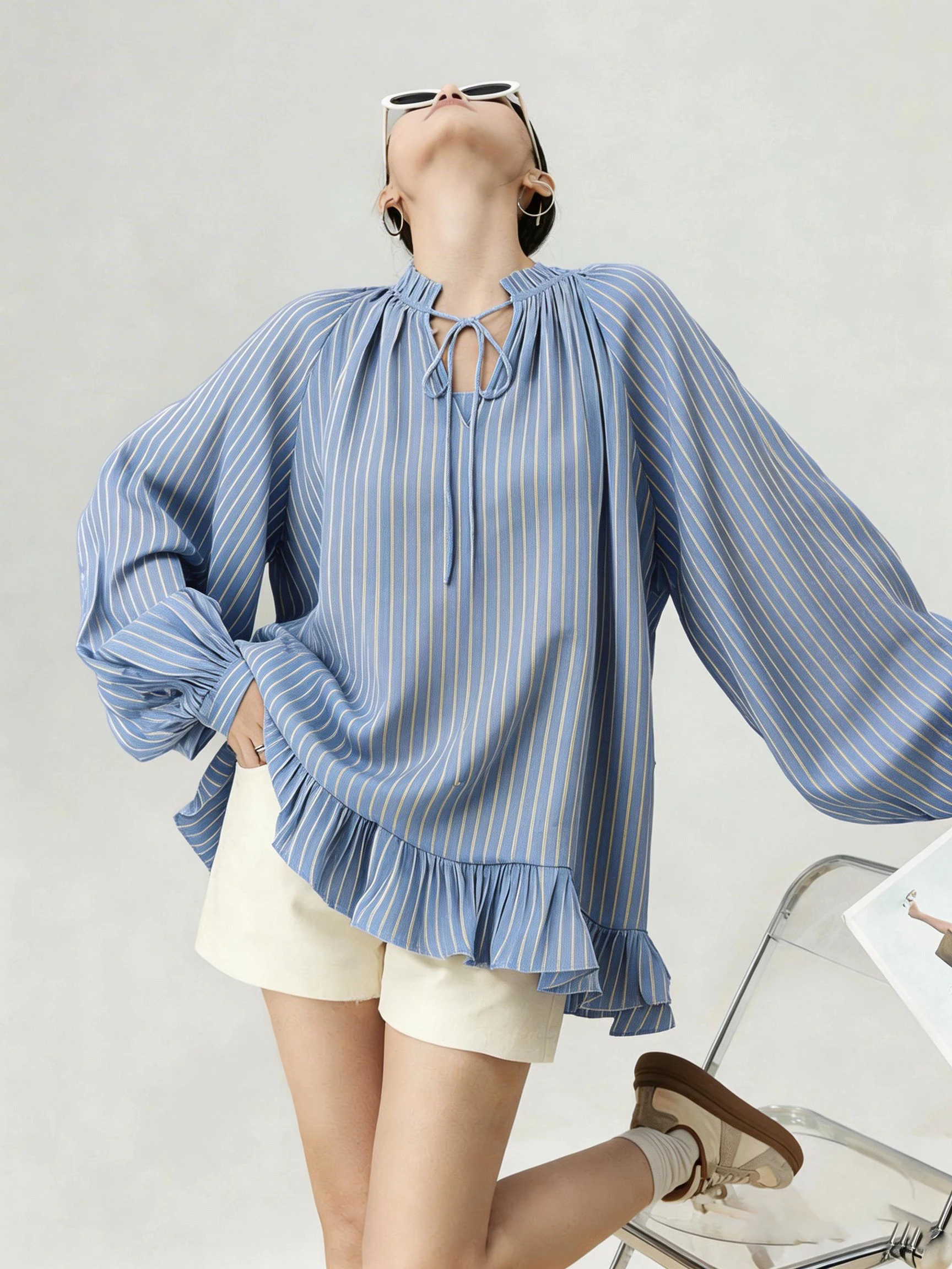 

Elegant Long Sleeve Women's Shirt with Collar And Lace Hem Blue Striped Casual Style Loose Fit Fashionable Spring Top