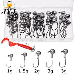 JYJ 40pcs a box 1g 1.5g 2g 3g round head jig fishing hook ,sharp carbon steel fishing hook for soft worm lure bait