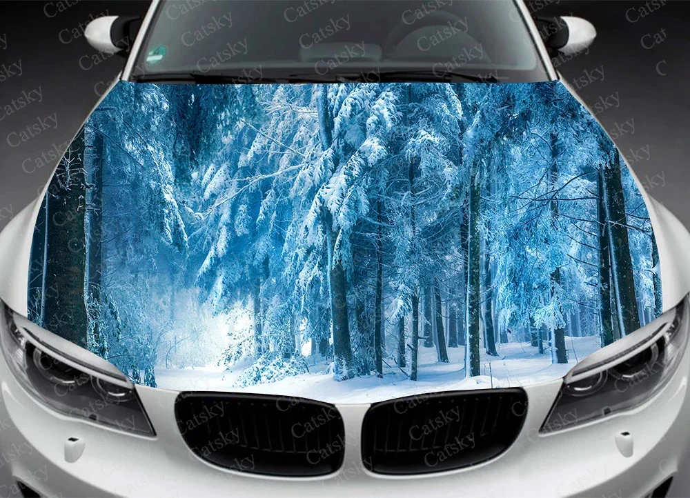 Tree on Snowy Winter Road Car Decal Car Hood Wrap Decal Vinyl Sticker Full Color Graphic Car Hood Wrap Decal Vinyl Stickers