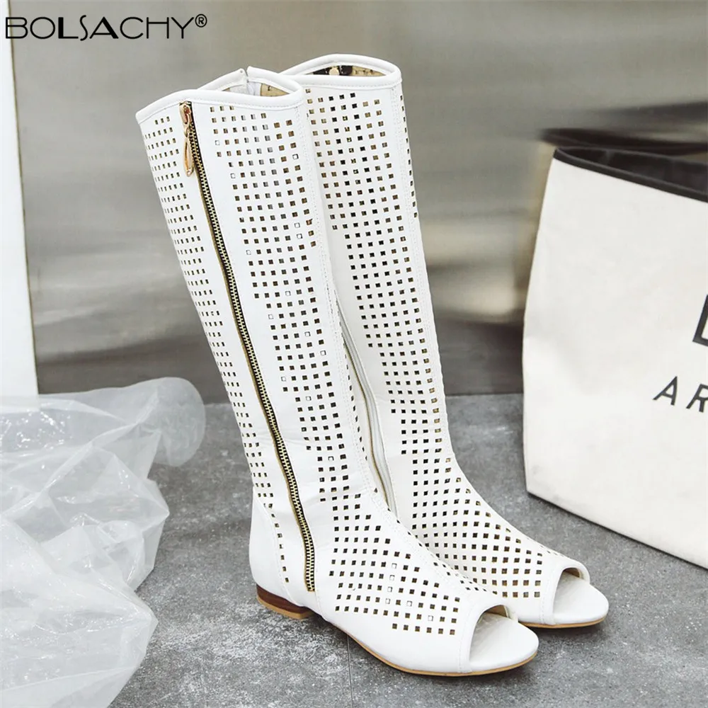 Fashion Women Flats Knee High Summer Boots Peep Toe Square Heels Fretwork Party Shoes Retro Rome Sexy Ladies Footwear Size 34-43