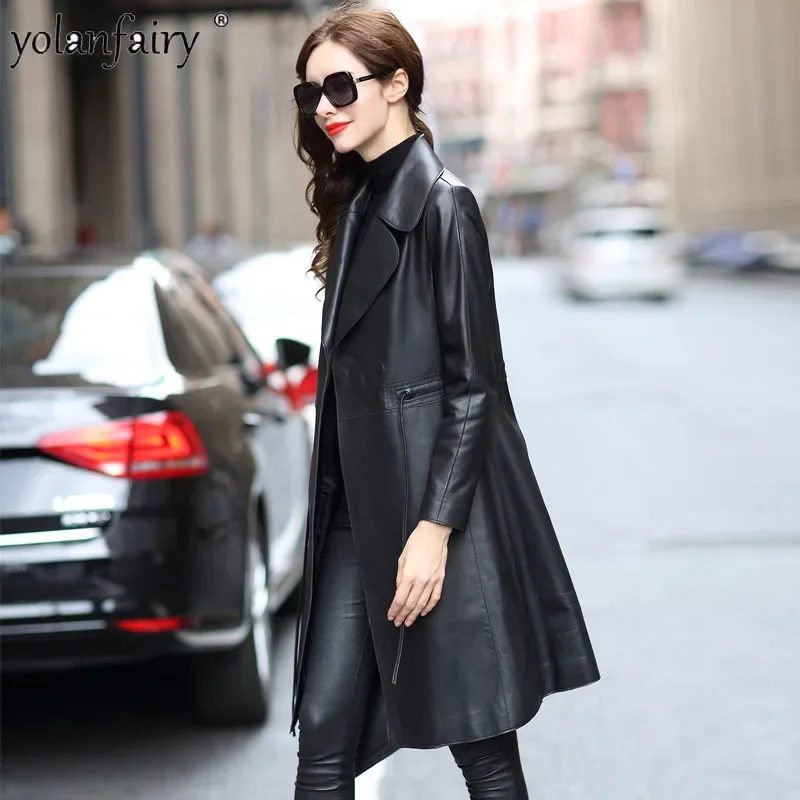 2023 Natural Leather Genuine Sheepskin Jacket Fashion Slim Fit Leather Clothing Female Mid-length Autumn Trench Coat for Women