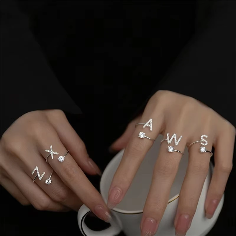 Adjustable Zircon Initial Letter Ring for Women Girls - Fashionable Alphabet Name Ring Wedding Jewelry Gift A-Z image 3