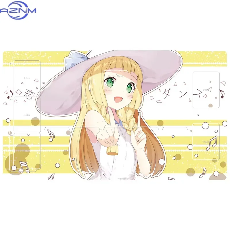Yellow Strip Lillie Pokemon Trading Card Game Playmat Mouse Pad, Anime Girl Card Play Mat With Zones