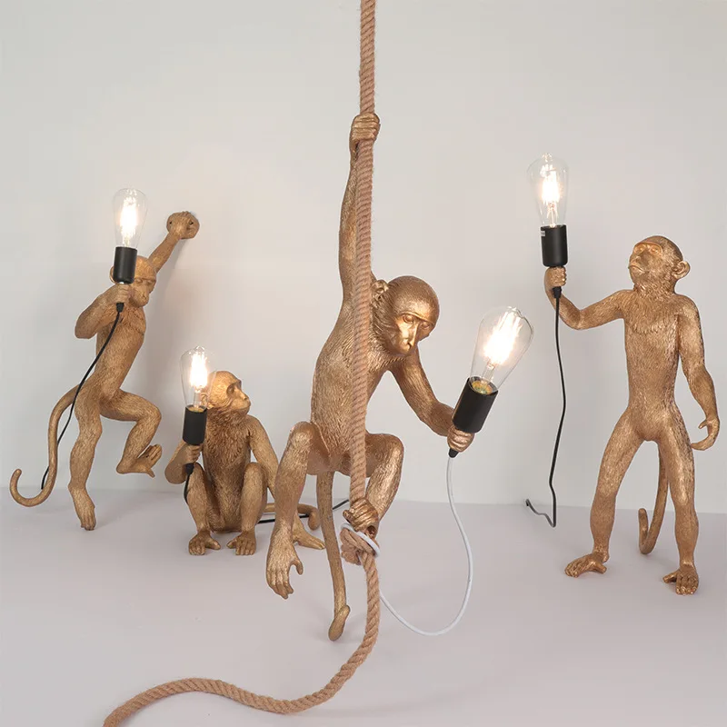 Modern LED Monkey Pendant Lights Vintage Hemp Rope Resin Pendant Lamps for Living Room Bedroom Home Decor Hanging Light Fixtures