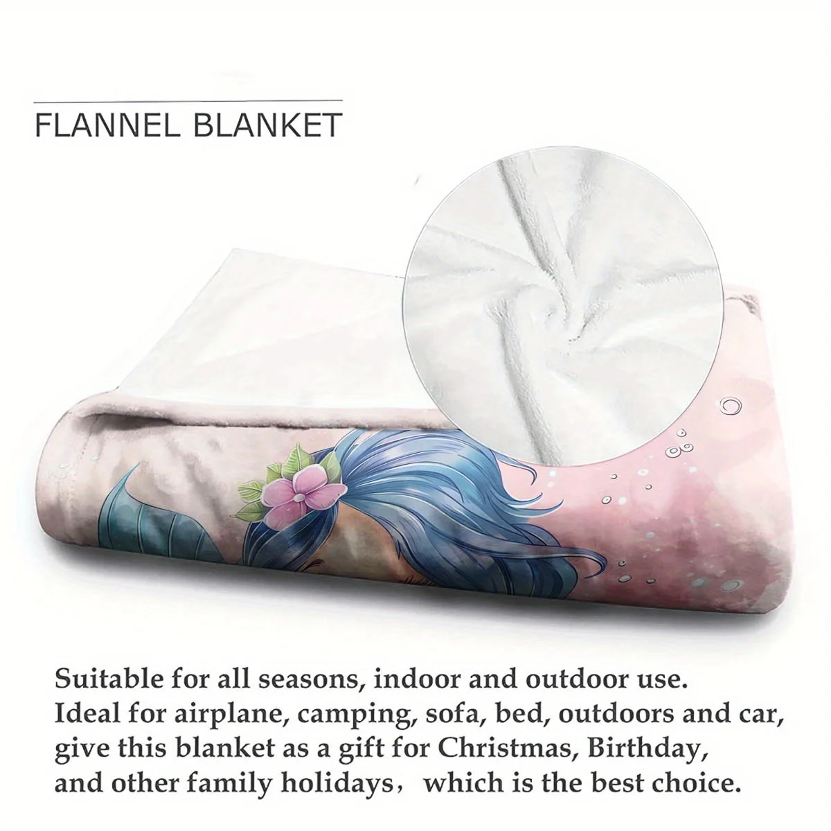 Personalized mermaid blanket with soft flannel parabolic strap custom name, cute cartoon design in pink