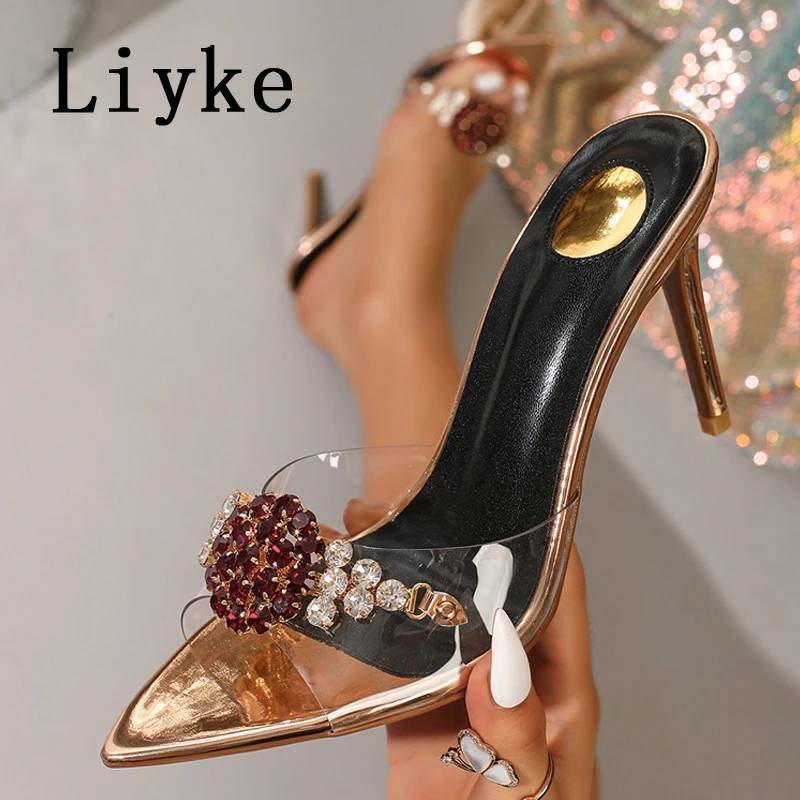 

Liyke Brand Fashion Crystal Diamond Chain Women Slippers Sandals Street Sexy Pointed Open Toe Thin Heels Designer Slides Shoes
