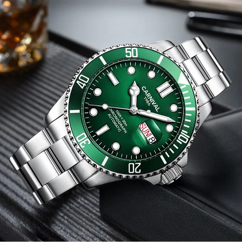 

КАРНАВАЛ лучший бренд класса люкс черные светящиеся 3ATM водонепроницаемые классические мужские часы автоматические механические мужские часы мужские Reloj Hombre