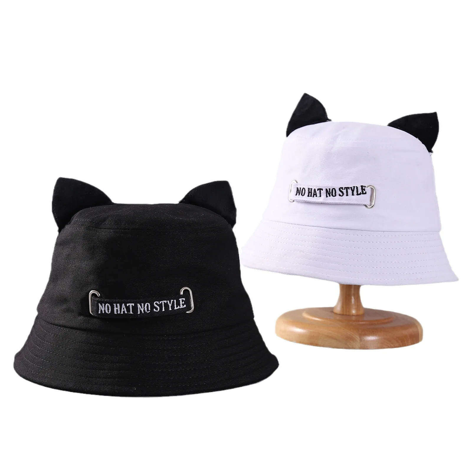 New Cute Cat Ears Fisherman Hat Women Casual Metal Ring Sun Cap Unisex Black Punk Bucket Hat Bob Outdoor Street Hip Hop Bonnets