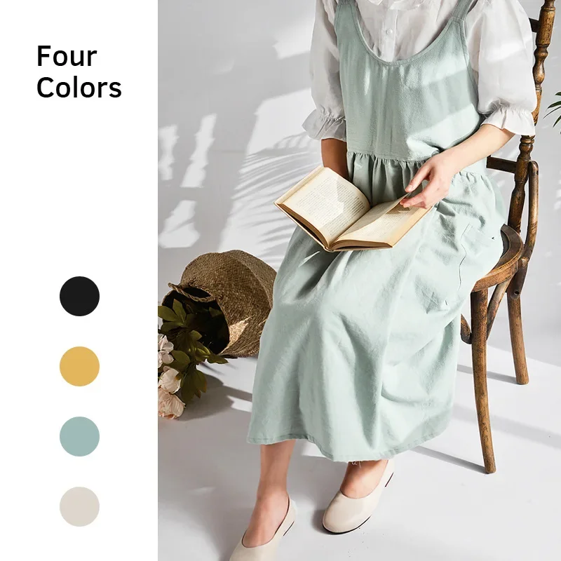 

Korean Apron Shop Literary Cotton Linen Kitchen Flower Coffee Work Clothes House Accessories Cook Japanese Apron Woman