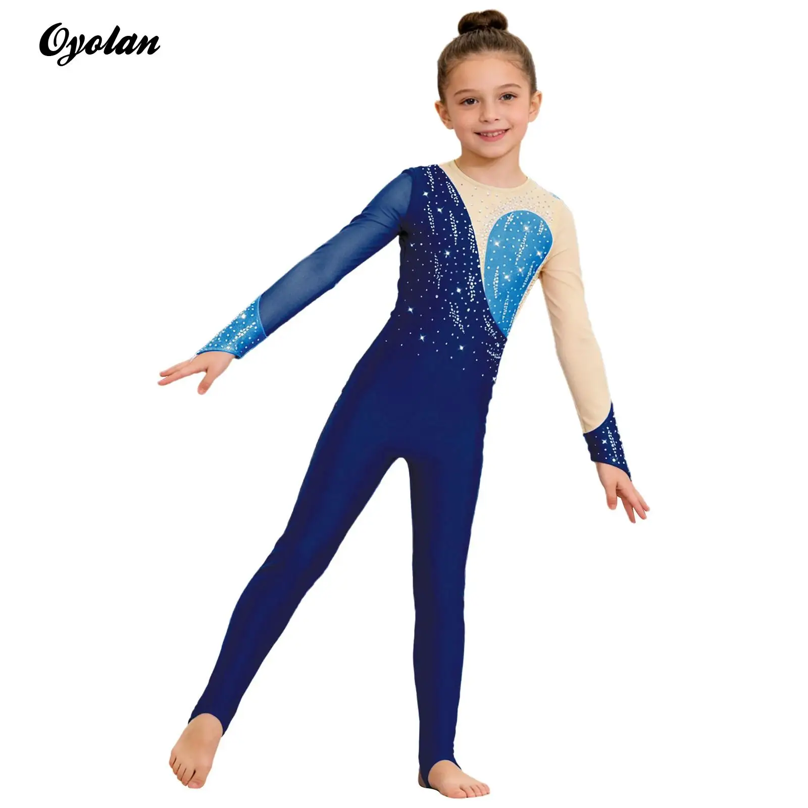 

Kids Girls Gymnastics Artistic Figure Skating Performance Costume Shiny Rhinestone Finger Holes Ballet Jersey Dance Jumpsuit