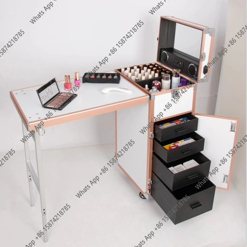 Black Cosmetic Workstation Folding Rolling Portable Case Nail Tech Tables Manicure Table for Nails Salon Nail Shop Furniture