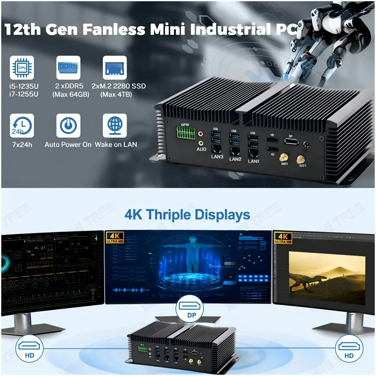 Fanless Industrial Computer 8 COM Ports 3x2.5G Lan Core i7-1260P i5-1235U Rugged Linux Mini PC for Commercial Digital Signage