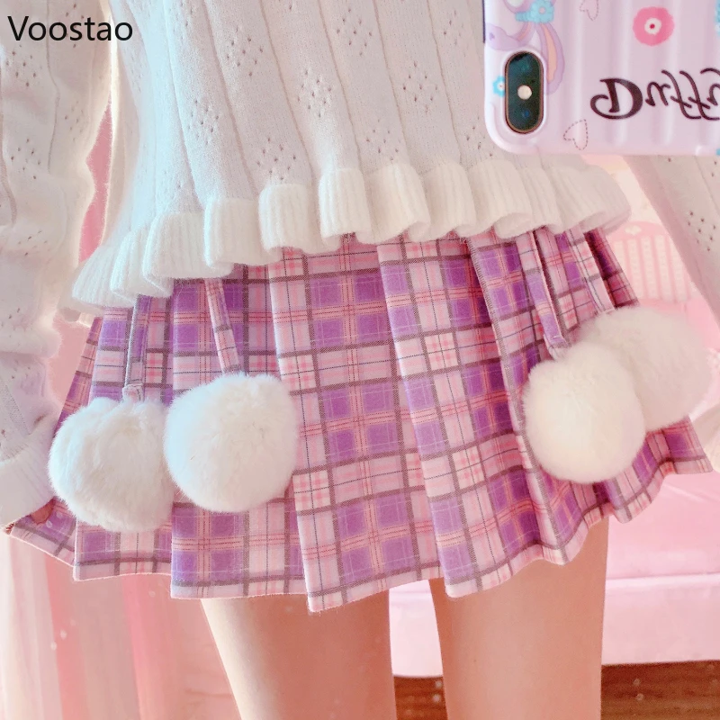 Sweet Lolita Style Women Skirts Japanese Kawaii Plush Ball Lace-Up Plaid Pleated Mini Skirts Girls Korean Cute Faldas Mujer Moda