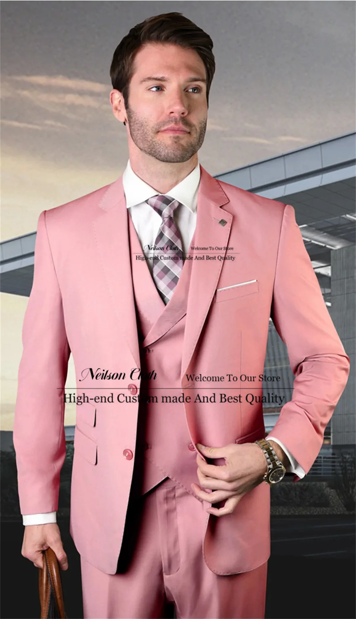 

Formal Pink Male Prom Blazers 3 Pieces Sets Notched Lapel Groom Wedding Tuxedos Slim Fit Customized Groomsmen Terno Masculino